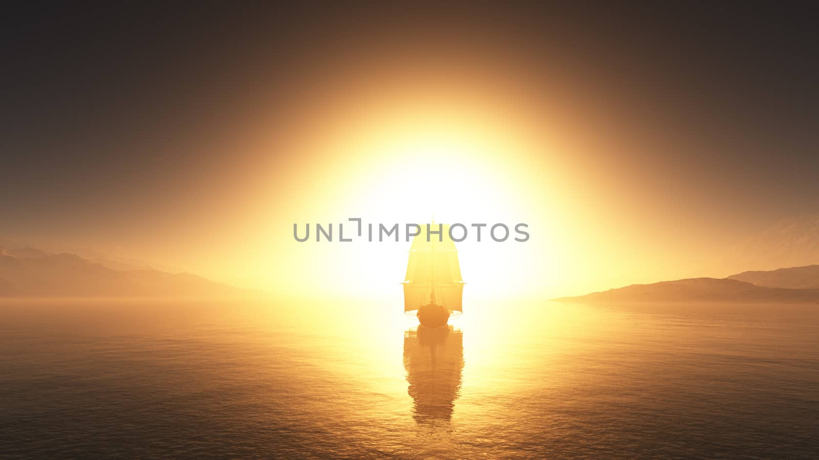 old ship at sea sunset, 3d render illustration