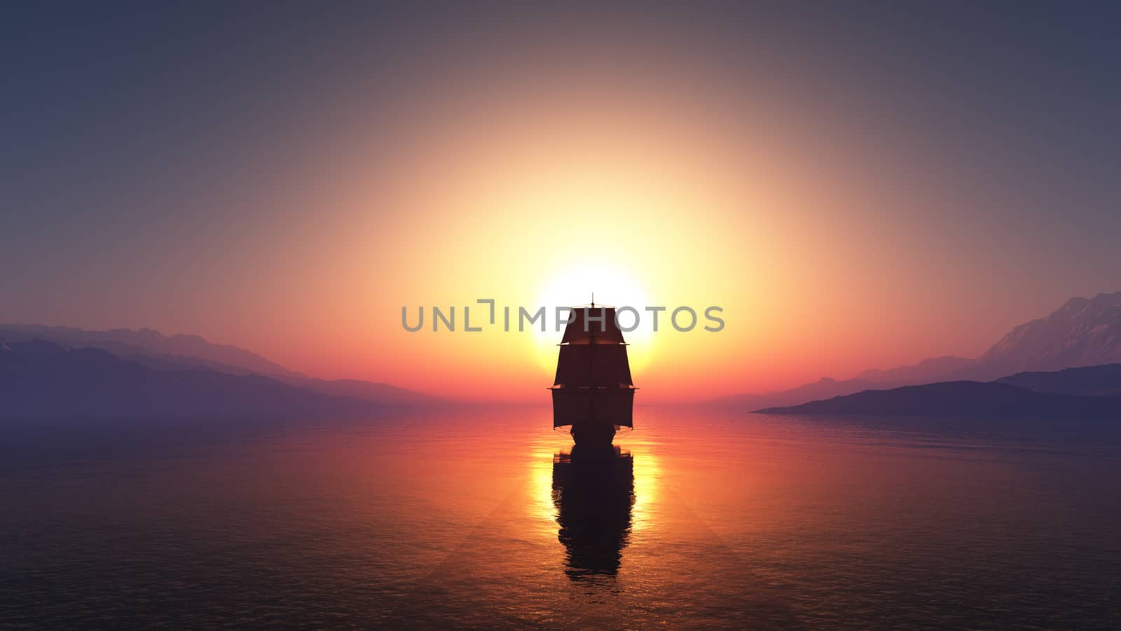 old ship at sea sunset, 3d render illustration