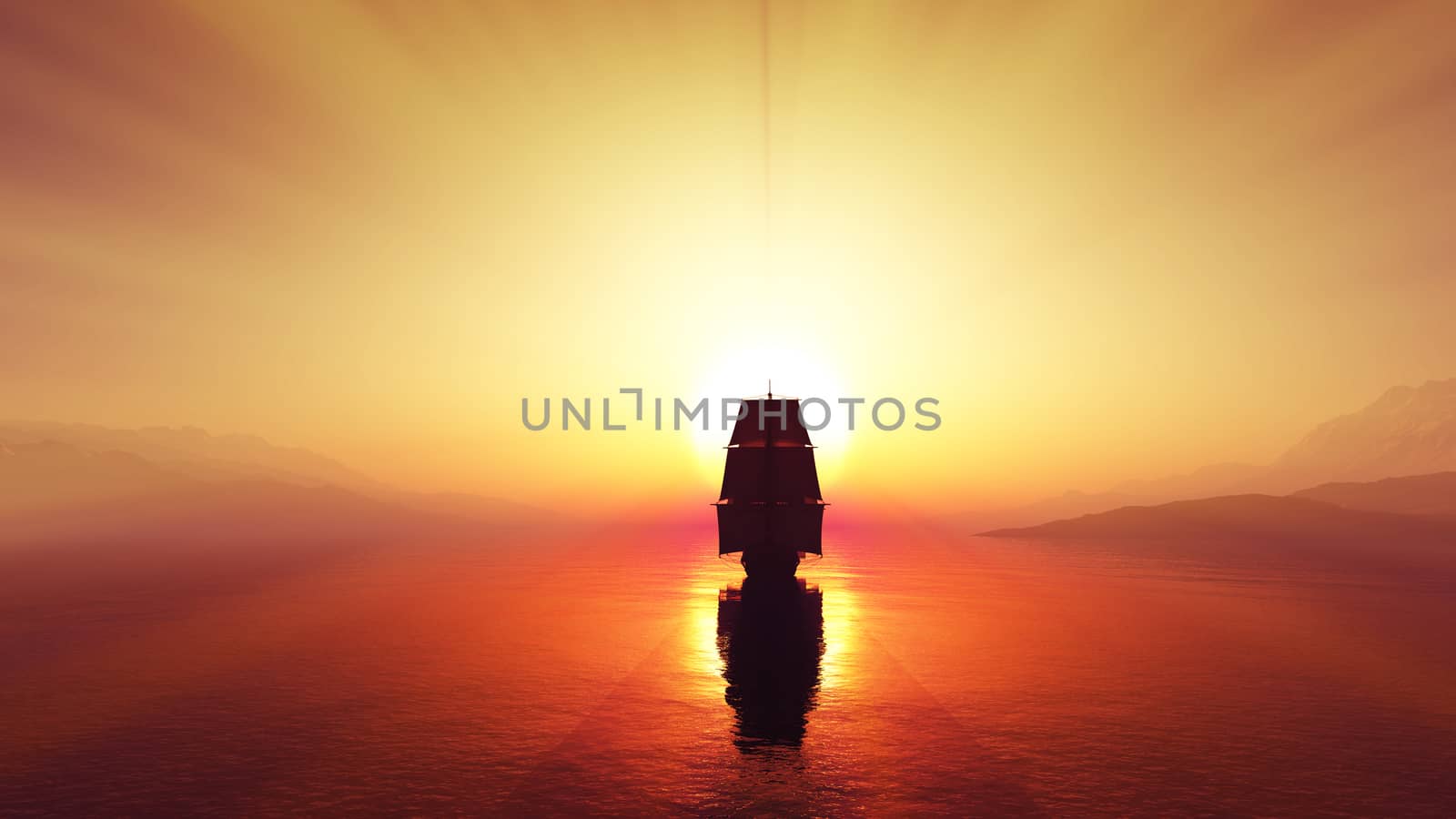 old ship at sea sunset illustration by alex_nako