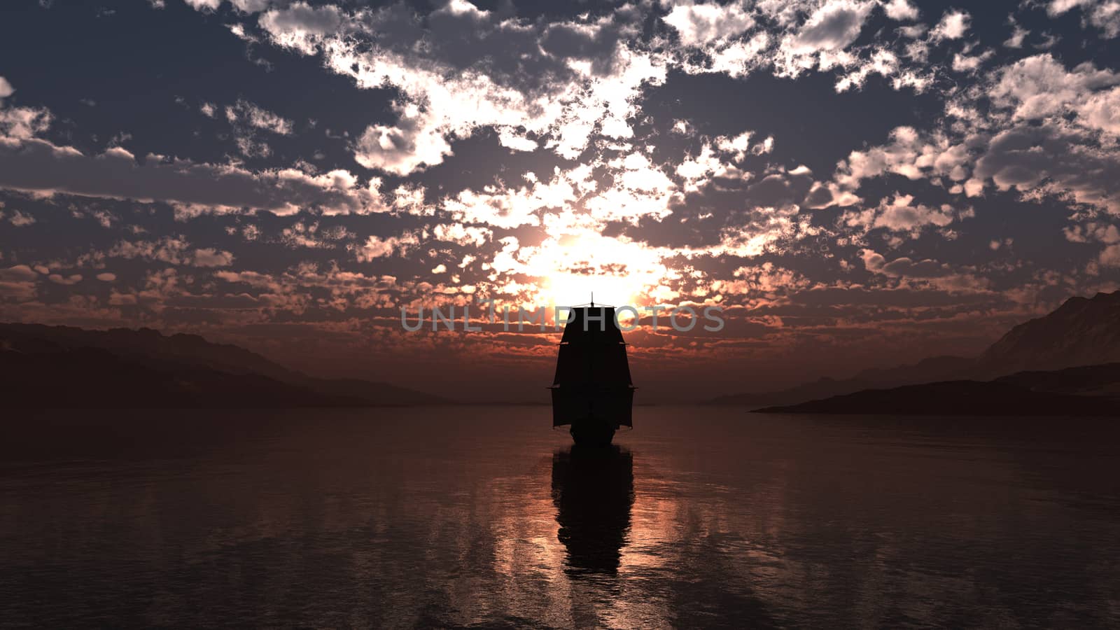 old ship at sea sunset illustration by alex_nako