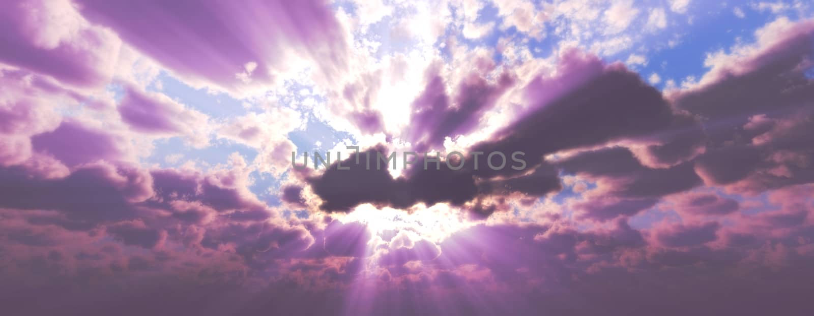 Sunset / sunrise with clouds, light rays and other atmospheric effect, 3d illustration by alex_nako