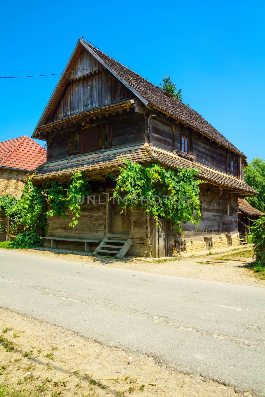 Typical wooden house in the village Krapje, Lonjsko Polje area, Croatia