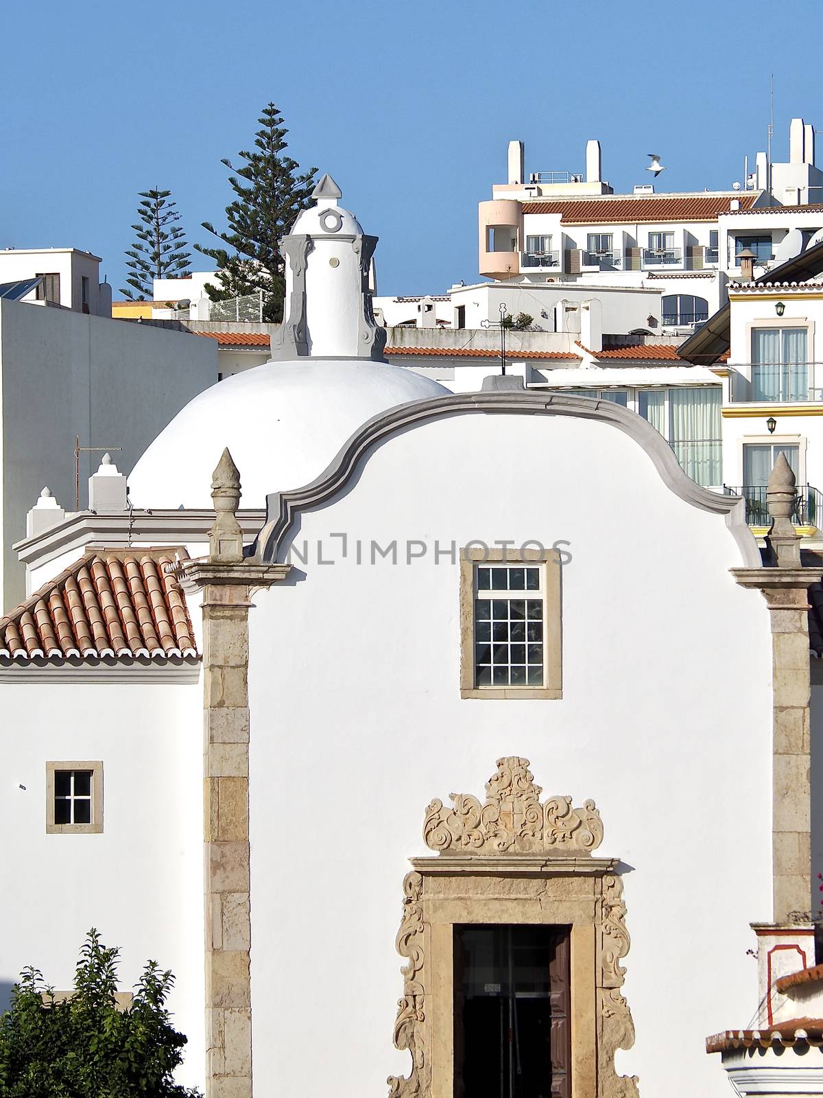 White church in Albufeira at the Algarve coast of Portugal