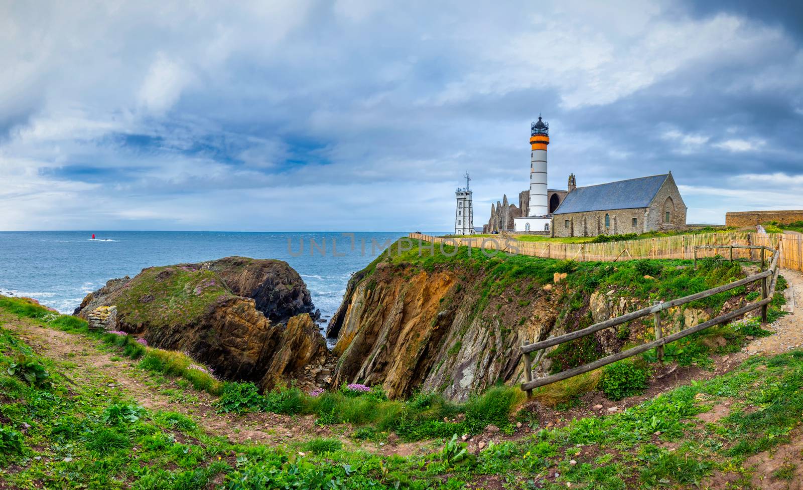 Panorama of lighthouse and ruin of monastery, Pointe de Saint Mathieu, Brittany (Bretagne), France
