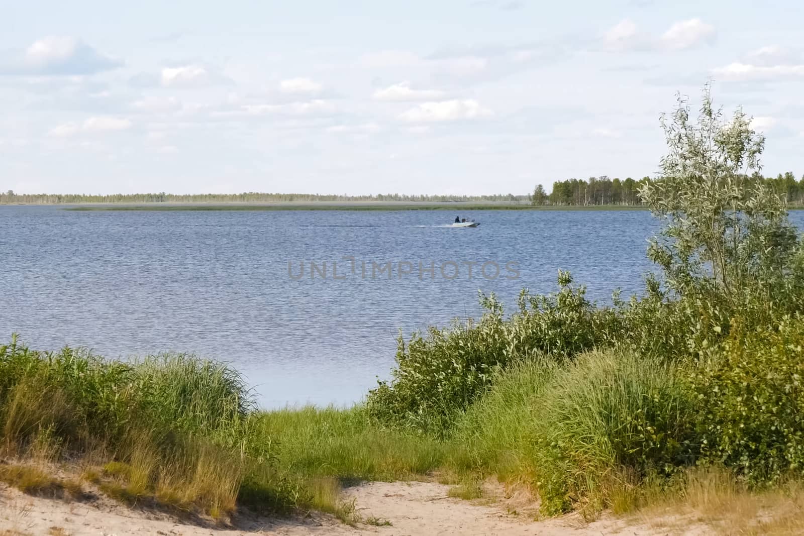 Descent to river, motor boat floating on the river. by DePo