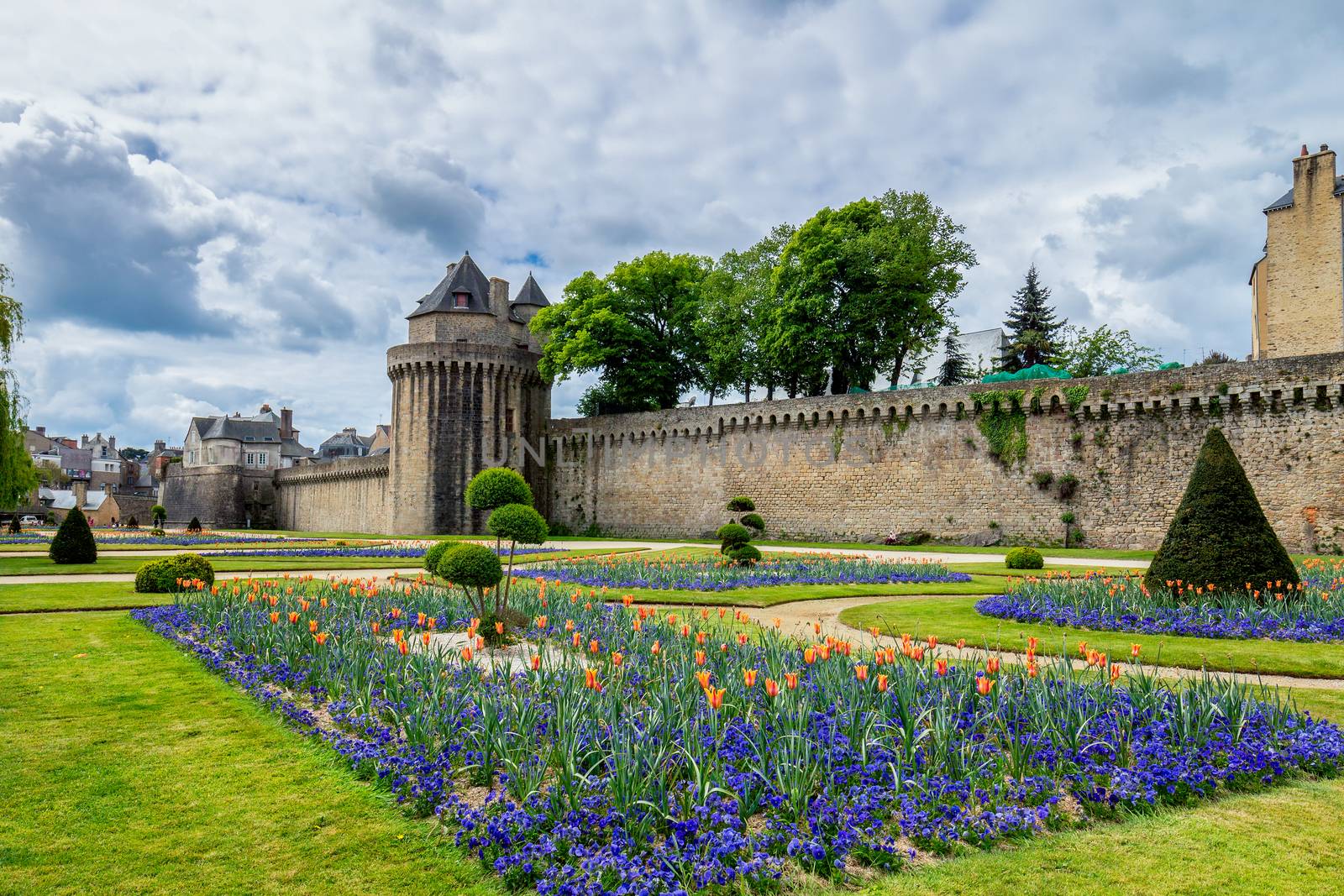 Walls of the ancient town and the gardens in Vannes. Brittany (Bretagne), Northern France.