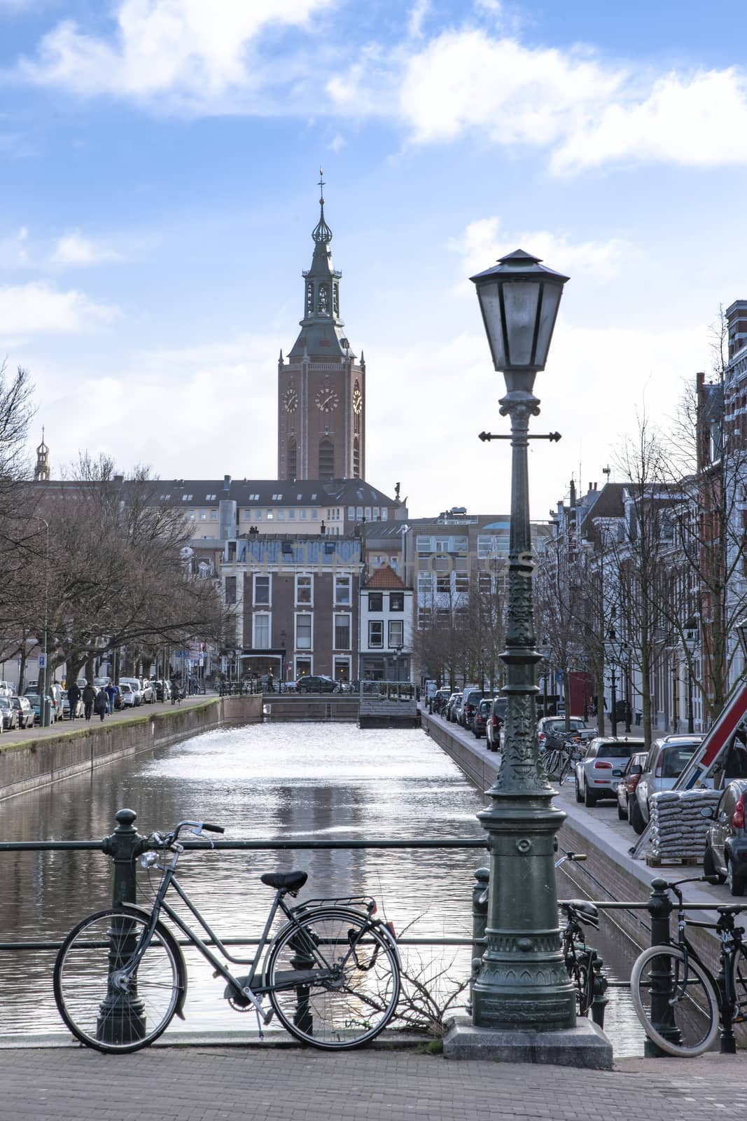 Typical and iconic Dutch canal view on the St Jacob church or Grote Kerk in Dutch in The Hague, Netherlands