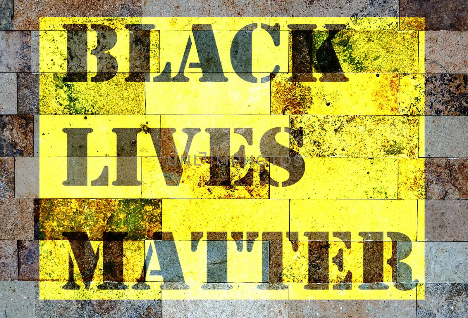 Black Lives Matter slogan text liberation banner designs stencil yellow stencil floor tile marble wall architecture