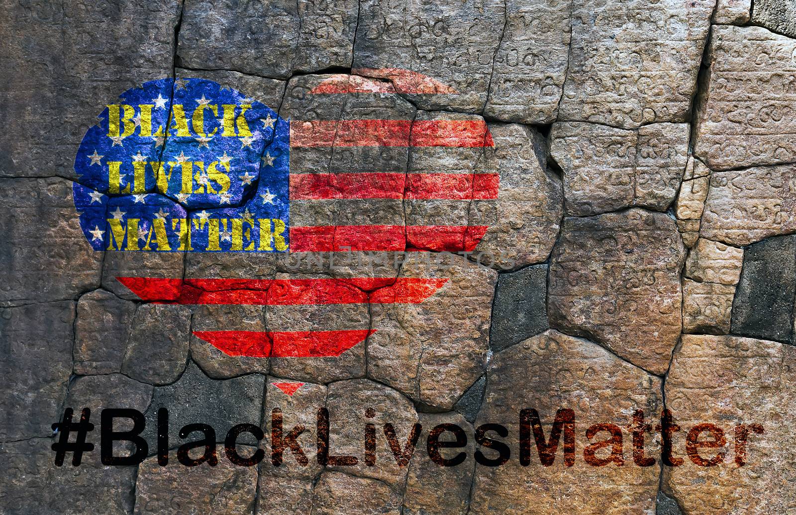 Black Lives Matter hashtag protestors anti Black racism african american people heart on United States flag stencil city street brick wall background texture stone block building