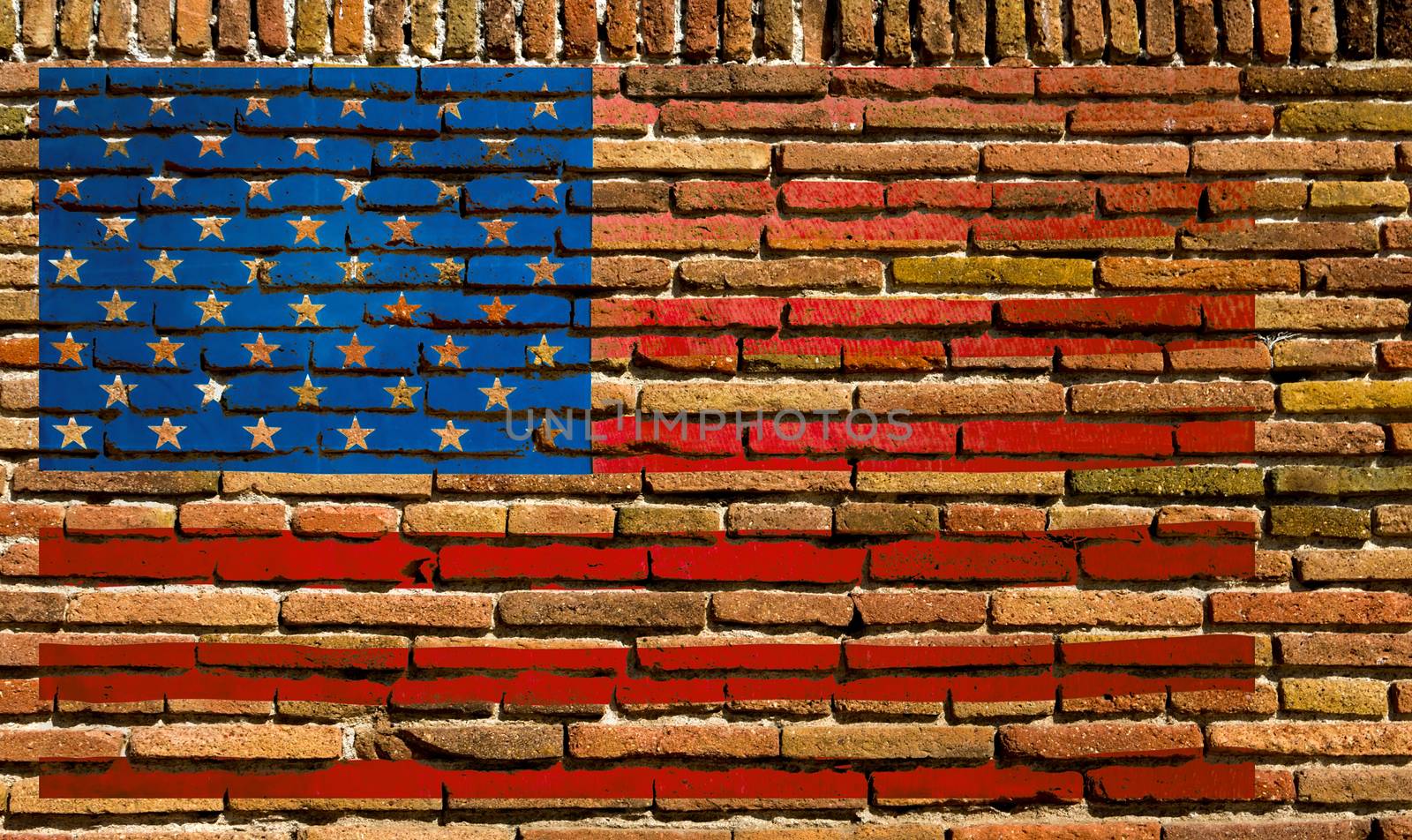 United States of America Flag of the USA backdrop old brick wall background texture