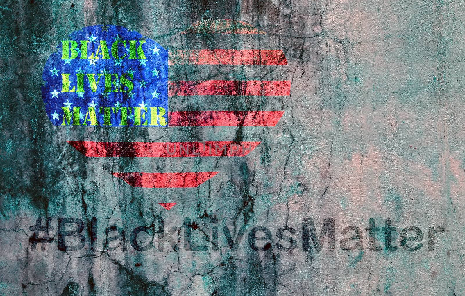Black Lives Matter hashtag text liberation banner designs stencil heart flag of the United States of America city street old concrete wall