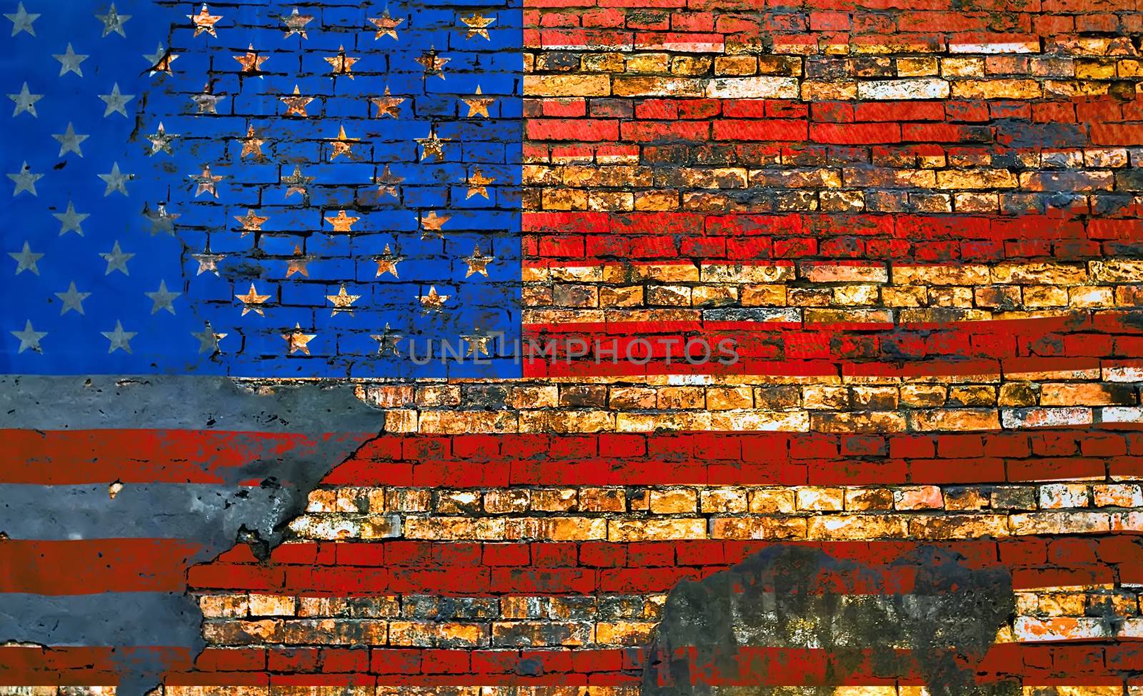 Flag of the United States of America USA brick wall background red urban cracked building