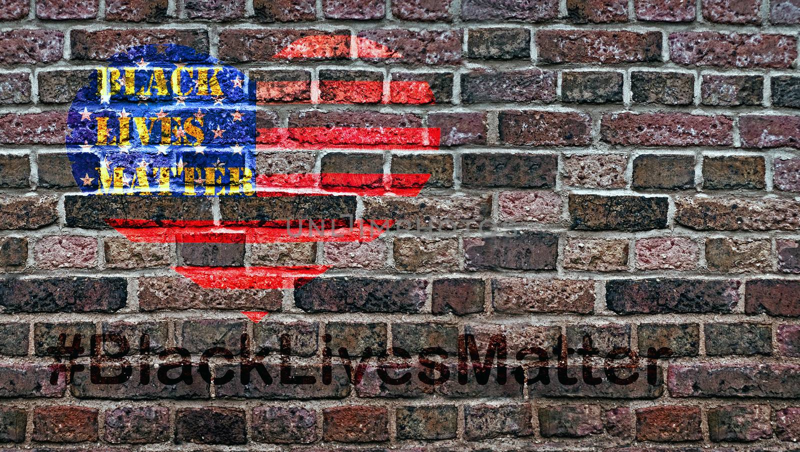 Black Lives Matter hashtag African-American people Protest against Black racism stencil heart United States of America United States Flag of the USA old weathered stained red brick wall background