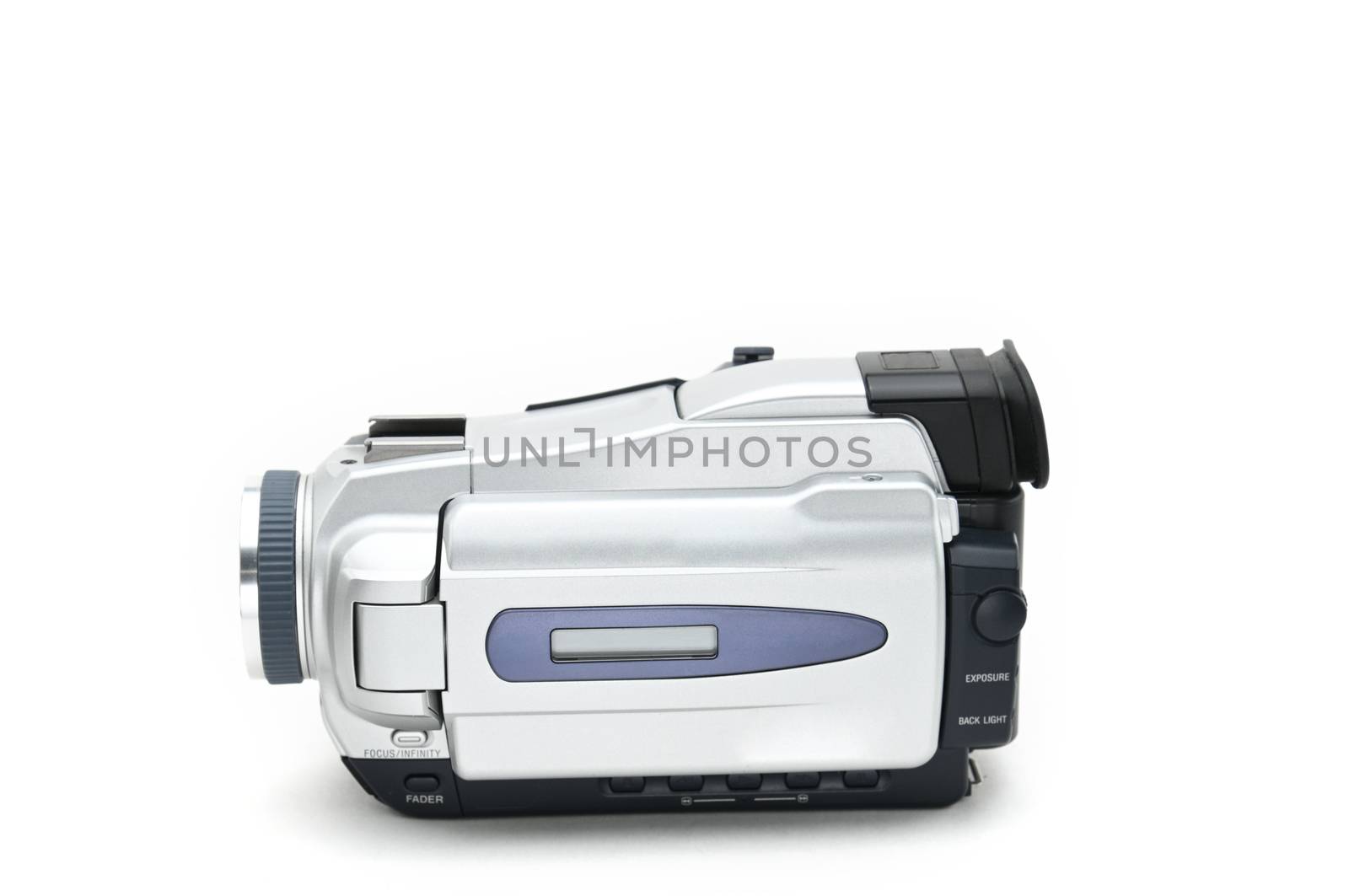 Semi-professional video camcorder used for shooting video clips on Isolated white background