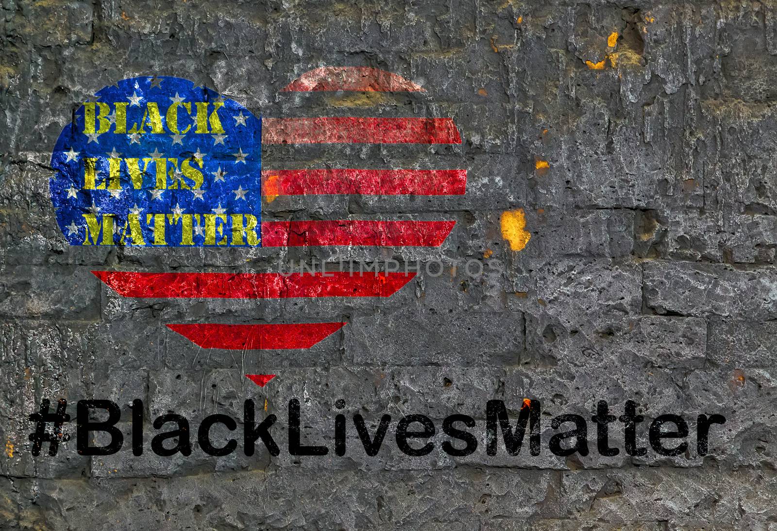Black Lives Matter hashtag protestors anti Black racism african american people heart on United States flag stencil city street wall stone texture old background