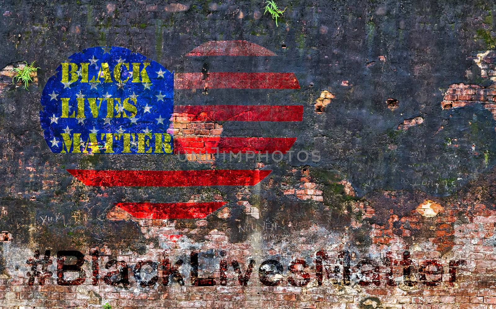 Black Lives Matter hashtag slogan anti Black racism African-American people stencil heart on American flag United States brick wall background