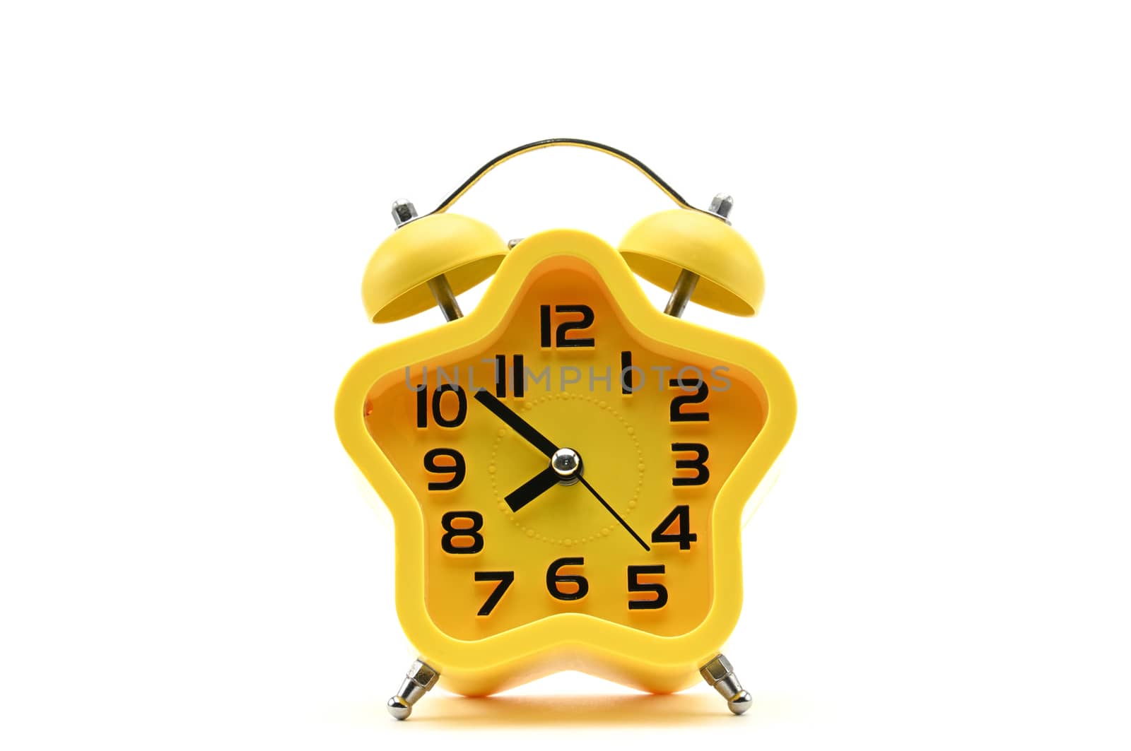 Yellow watch with five petals. Alarm clock on a white background