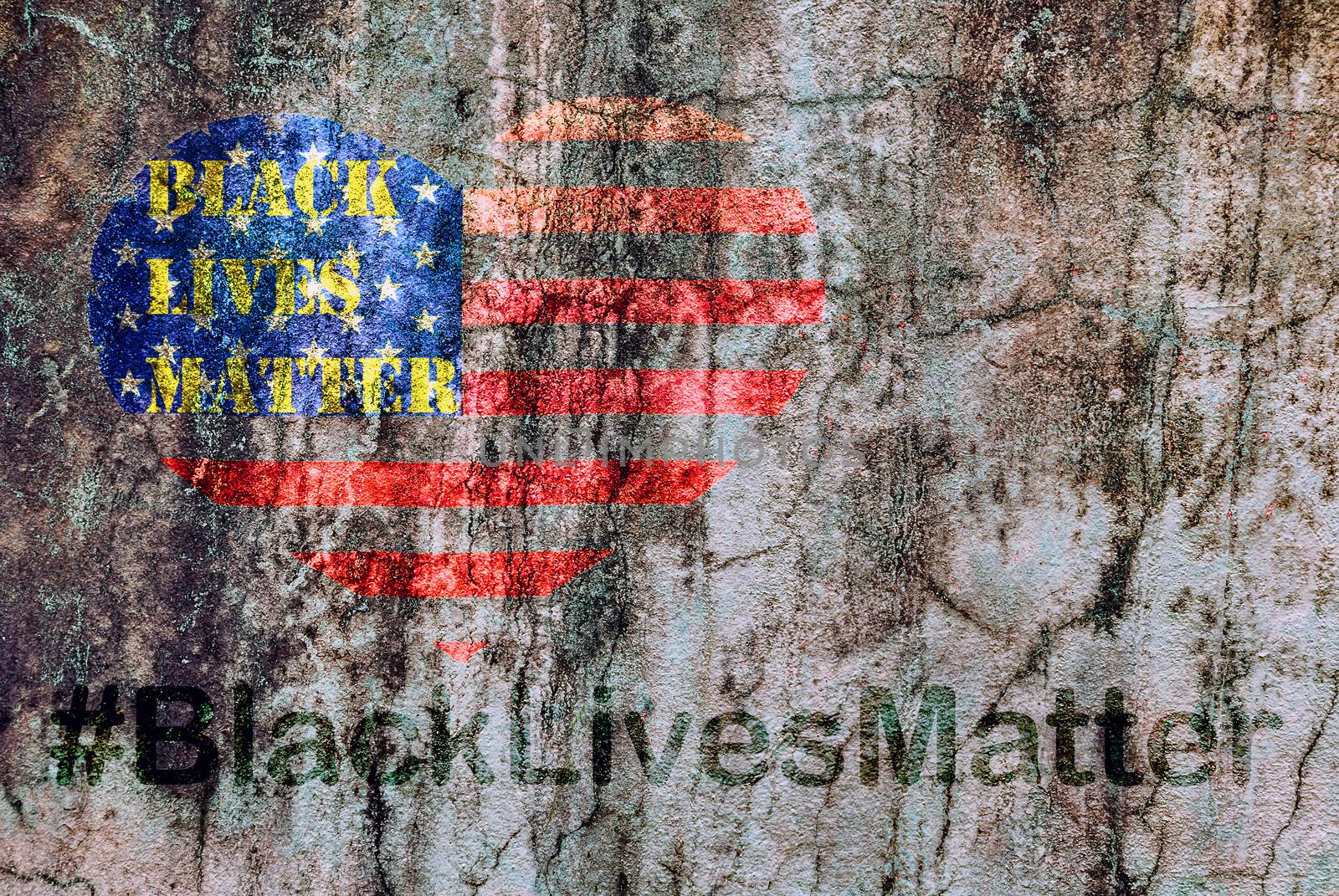 Black Lives Matter hashtag text liberation banner designs stencil heart flag of the United States of America city streetconcrete wall