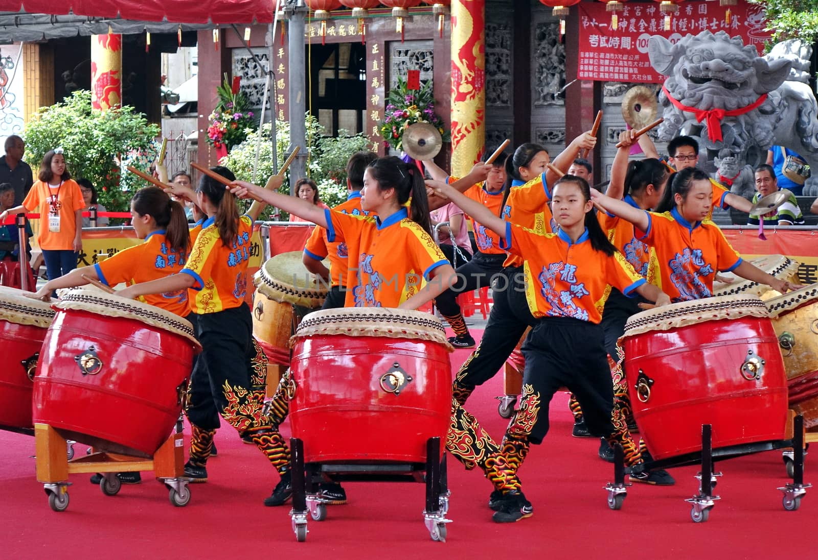 KAOHSIUNG, TAIWAN -- MAY 26, 2019: A junior high school percussion group performs at the Qing Yun Temple in the Dashe District of Kaohsiung City.