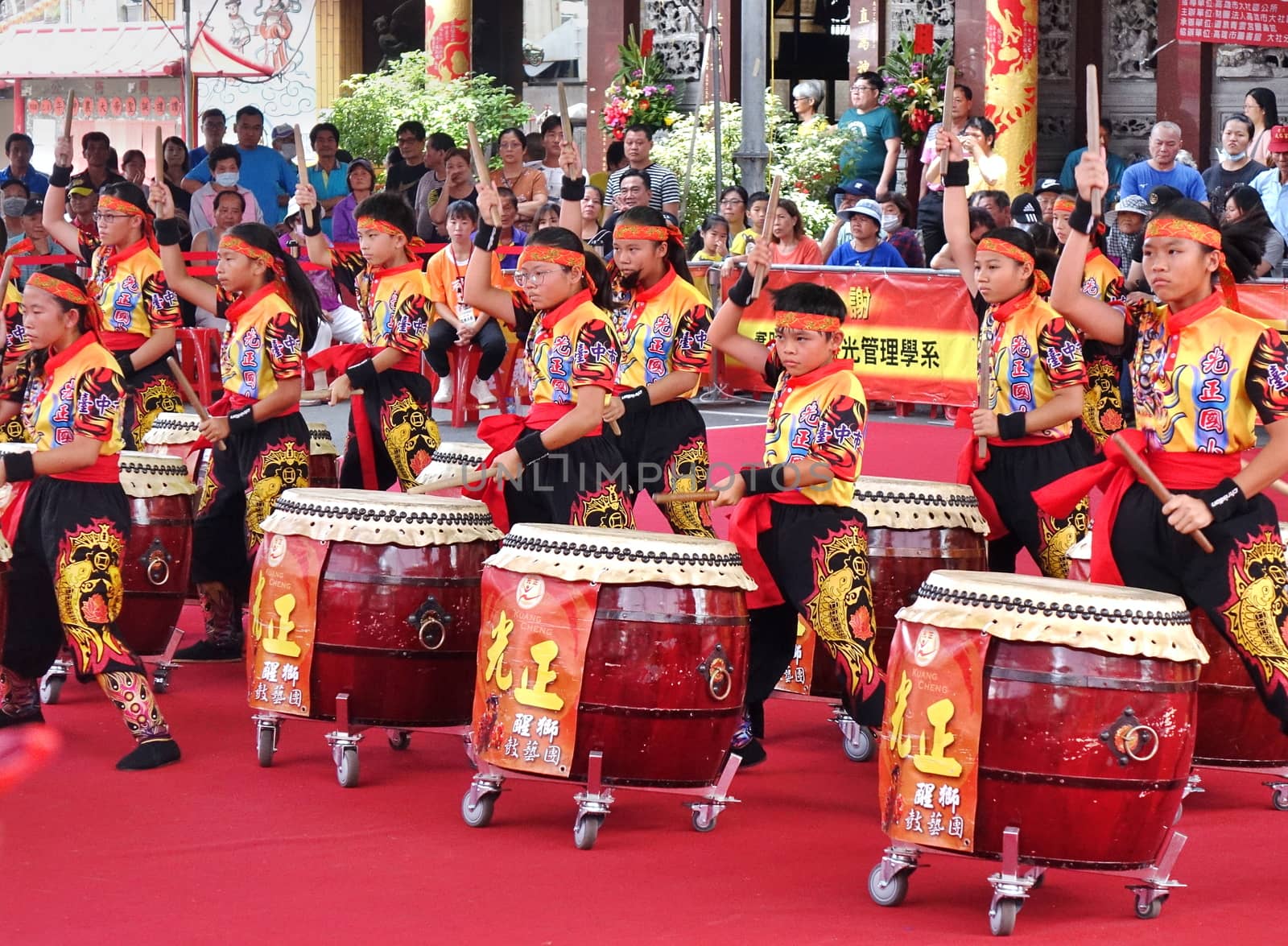 KAOHSIUNG, TAIWAN -- MAY 26, 2019: A junior high school percussion group performs at the Qing Yun Temple in the Dashe District of Kaohsiung City.