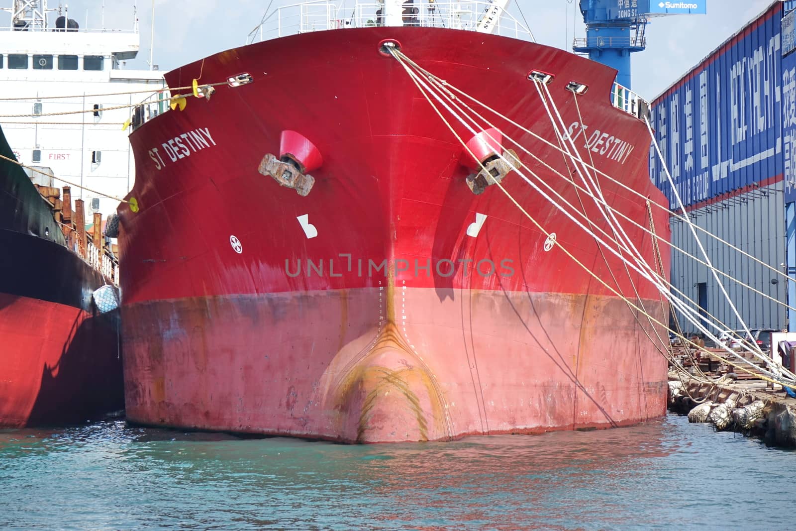 KAOHSIUNG, TAIWAN -- AUGUST 5, 2017: A large commercial vessel is being assembled in a shipyard on Chijin Island.
