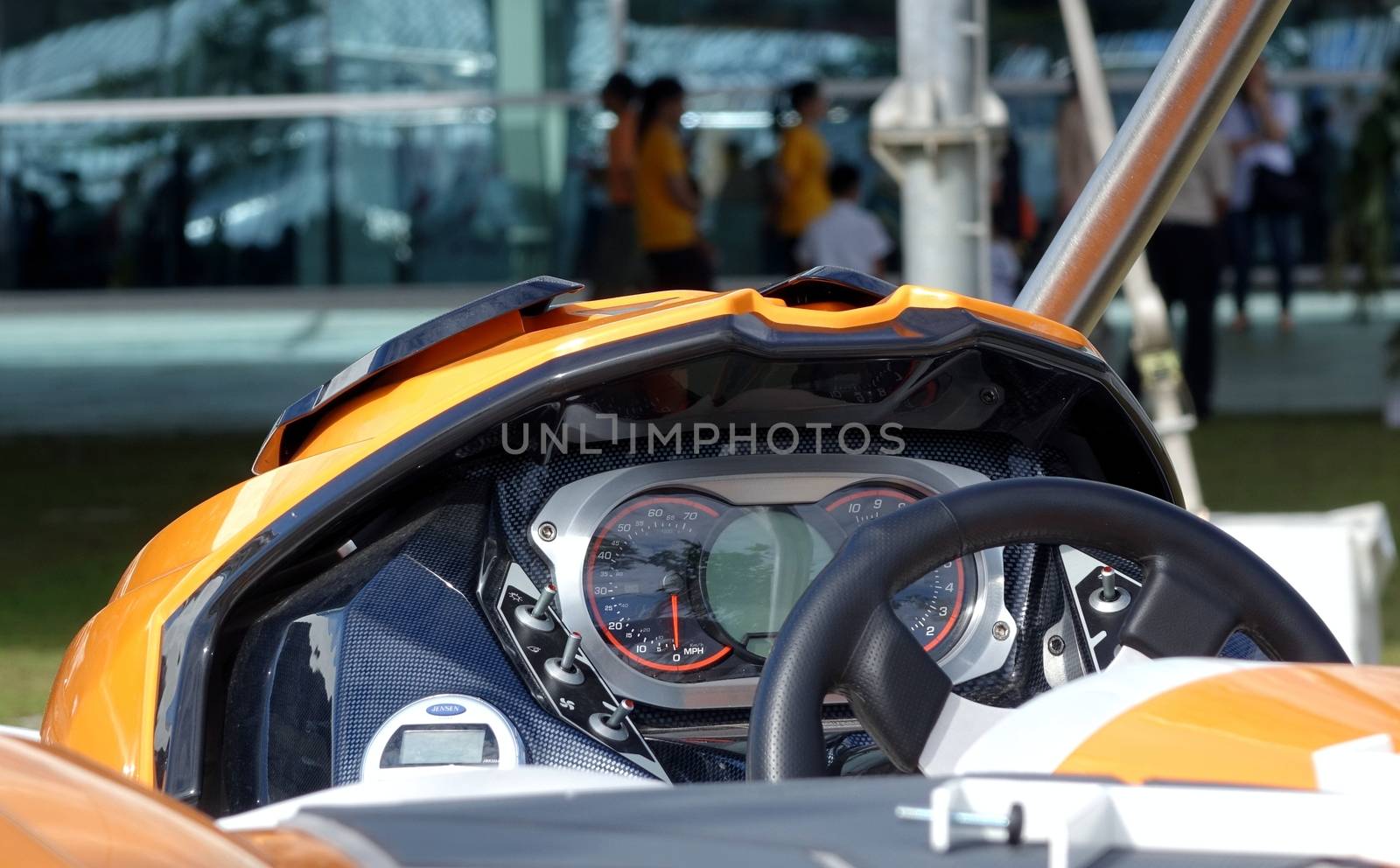 KAOHSIUNG, TAIWAN -- MAY 11, 2014: A close up view of the cockpit  of a high speed boat displayed at the 2014 Taiwan International Boat Show.