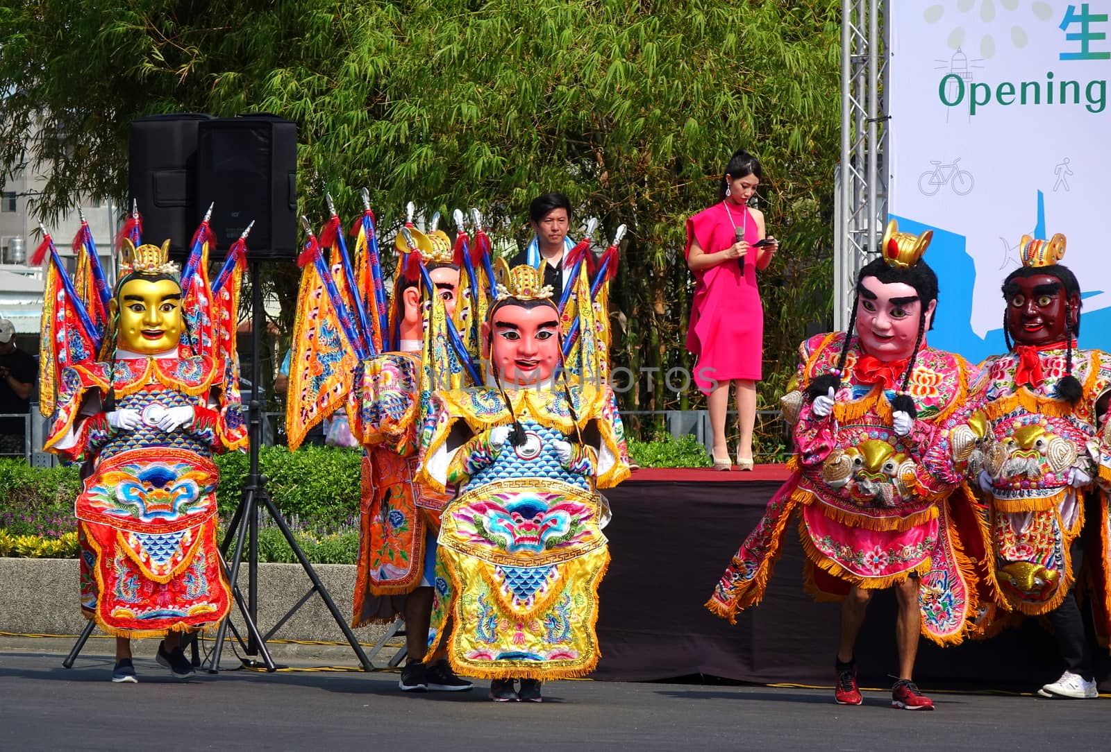KAOHSIUNG, TAIWAN -- OCTOBER 1, 2017: Traditional temple dancers prepare to perform at the opening of the 2017 Ecomobility Festival. 
