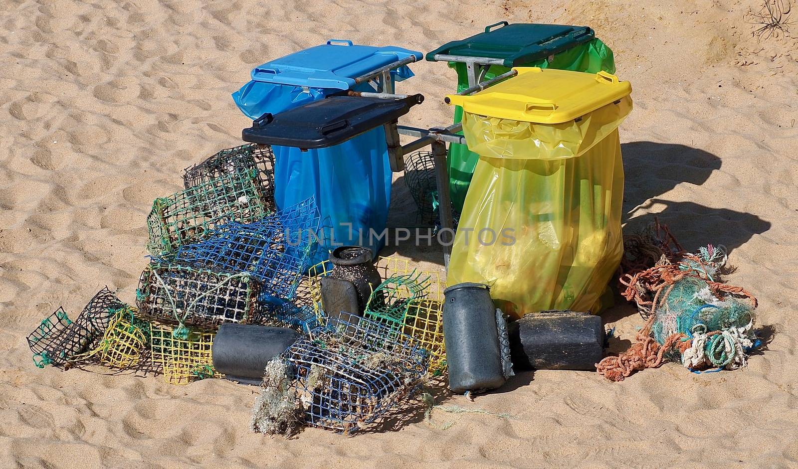 Waste separation in Portugal at a beach with fisher traps by Stimmungsbilder