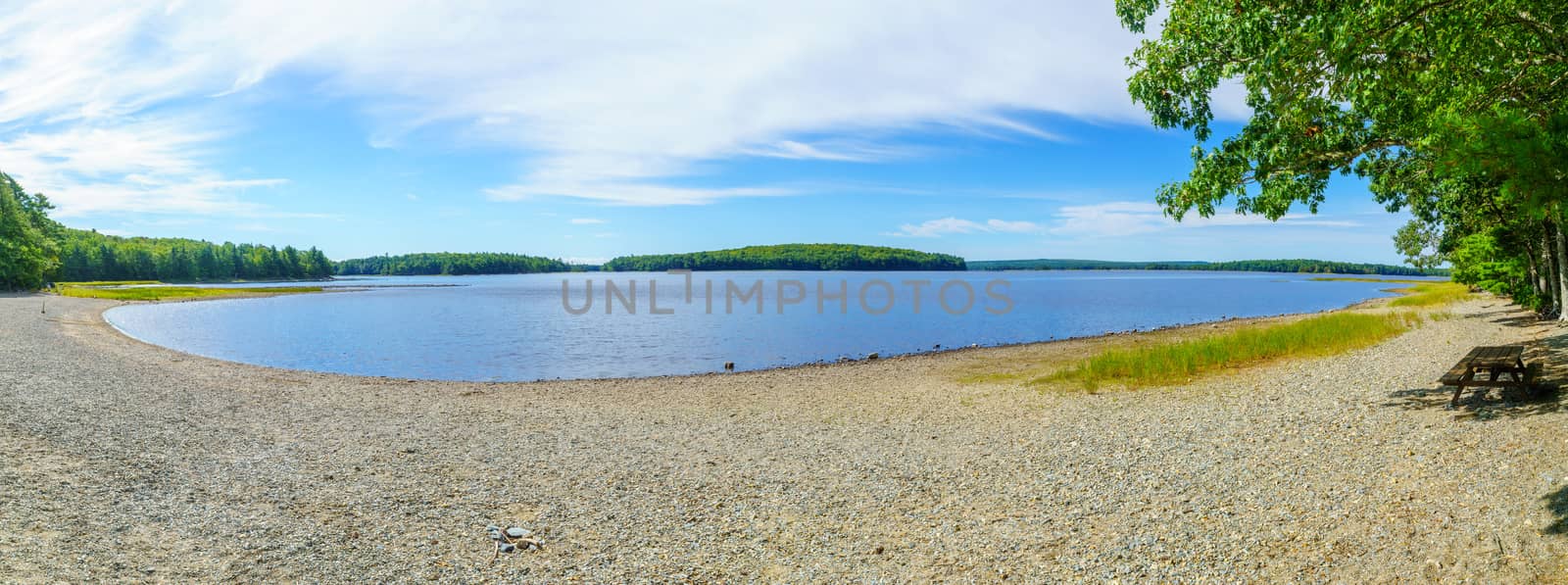 Panoramic view of the Kejimkujik Lake and beach, in Kejimkujik National Park, Nova Scotia, Canada