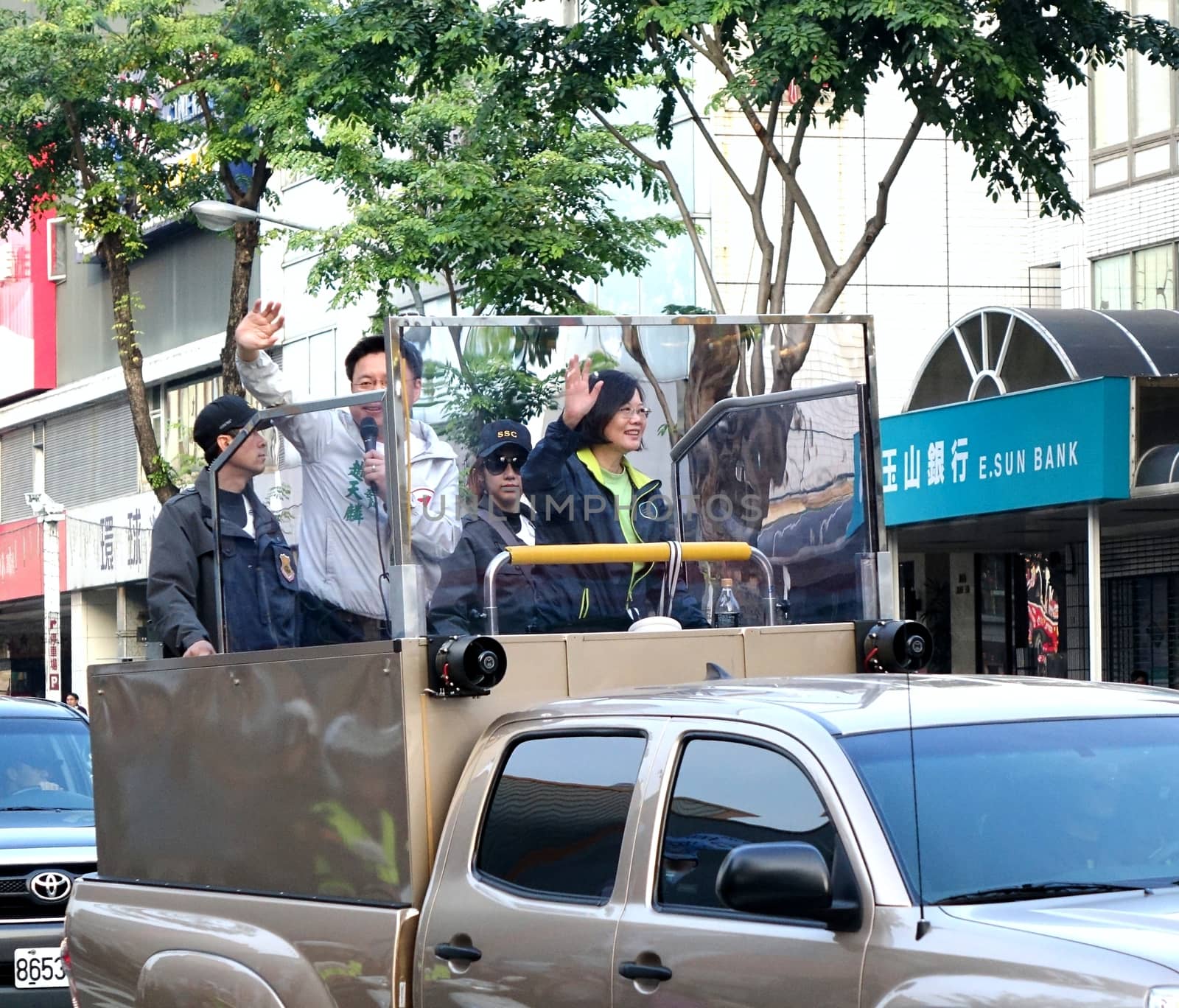 KAOHSIUNG, TAIWAN -- JANUARY 9, 2016: Presidential election frontrunner Tsai Ying-Wen of the DPP waves to supporters one week before the elections will be held.