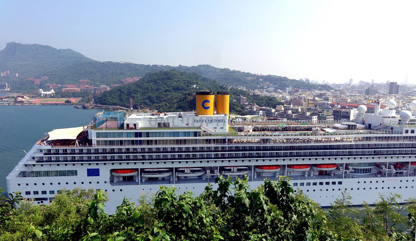 KAOHSIUNG, TAIWAN -- SEPTEMBER 12 , 2017: The luxury cruise liner Costa Victoria coming from Japan enters Kaohsiung Port.