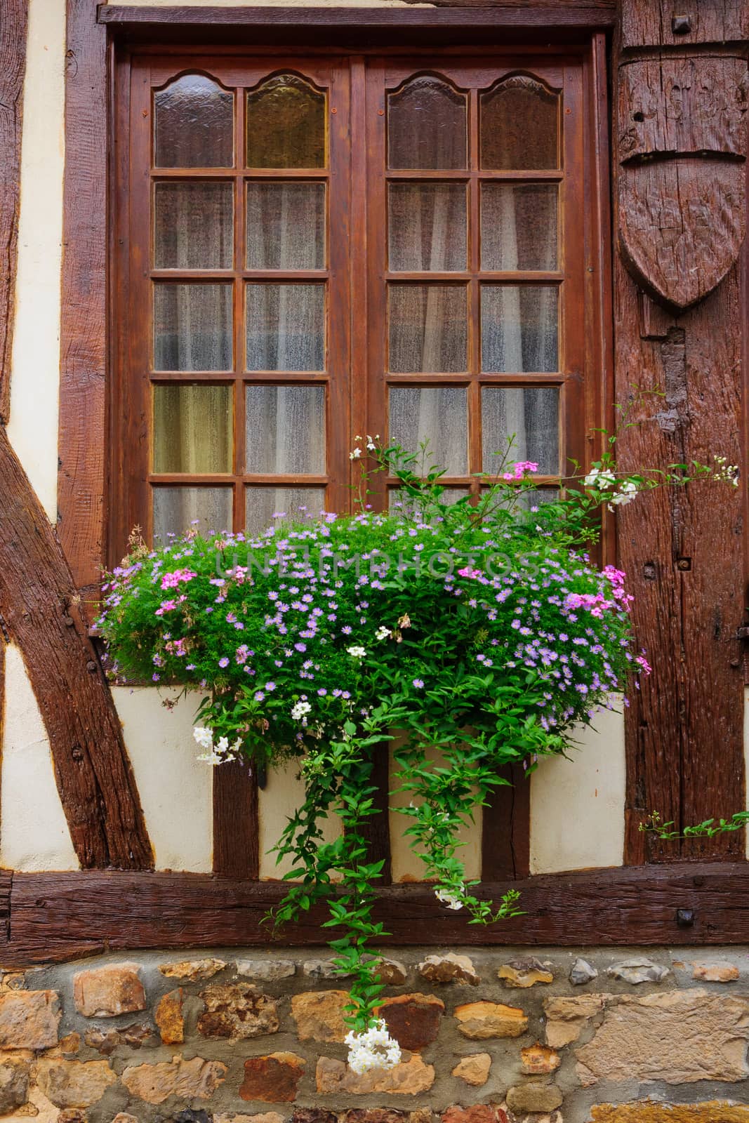 Typical window of a Half-timbered house, in Orbec, Normandy, France