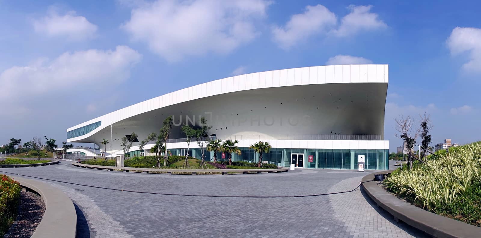 KAOHSIUNG, TAIWAN -- MAY 5, 2018: A panoramic view of the recently completed National Center for the Performing Arts located in the Weiwuying Metropolitan Park