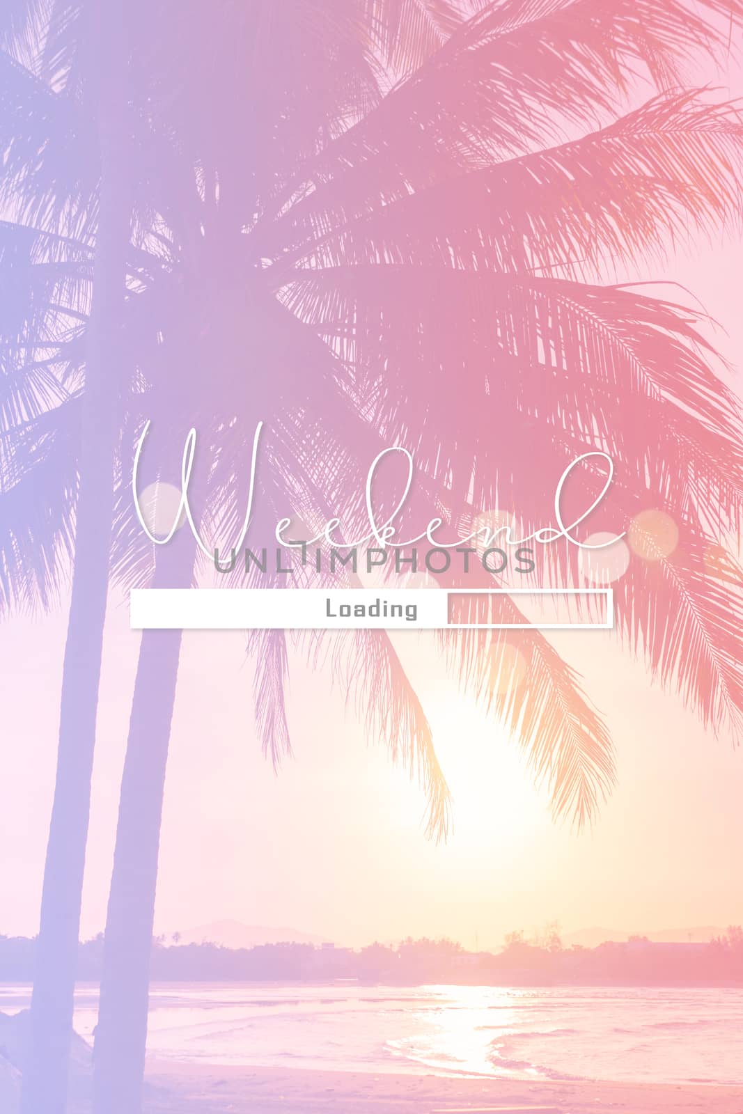 Weekend loading qoute on nature blue sky summer tropical beach. Travel tourism season concept. by Suwant