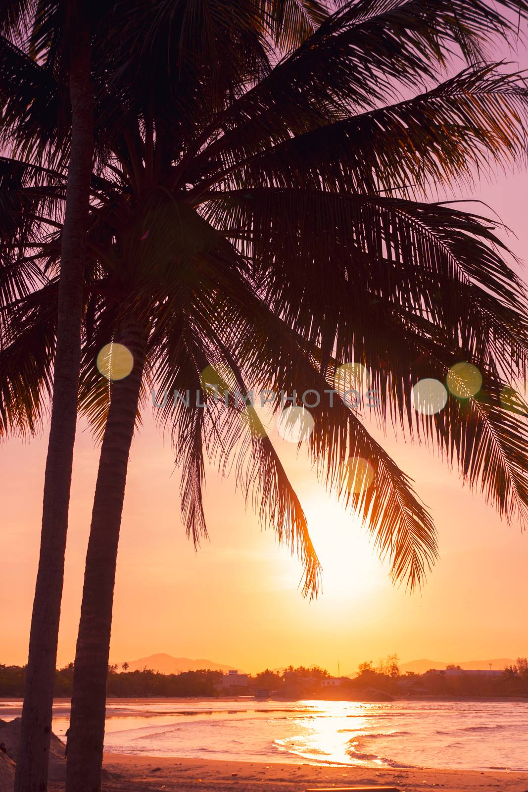 Tropical nature clean beach and white sand in summer with sun light blue sky and bokeh background. by Suwant