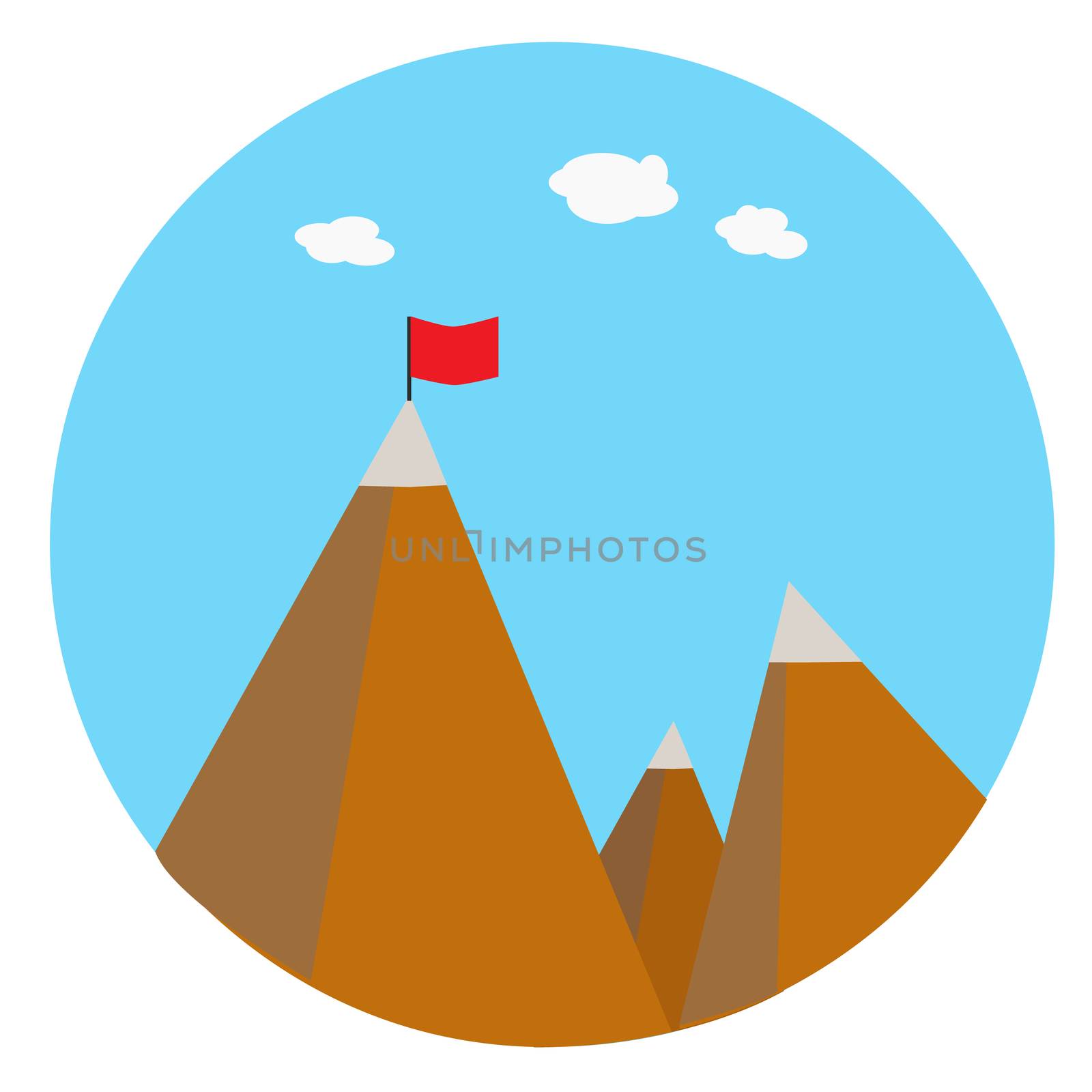 Landscape with flag on the mountain. Success concept. Flat background with mountains.