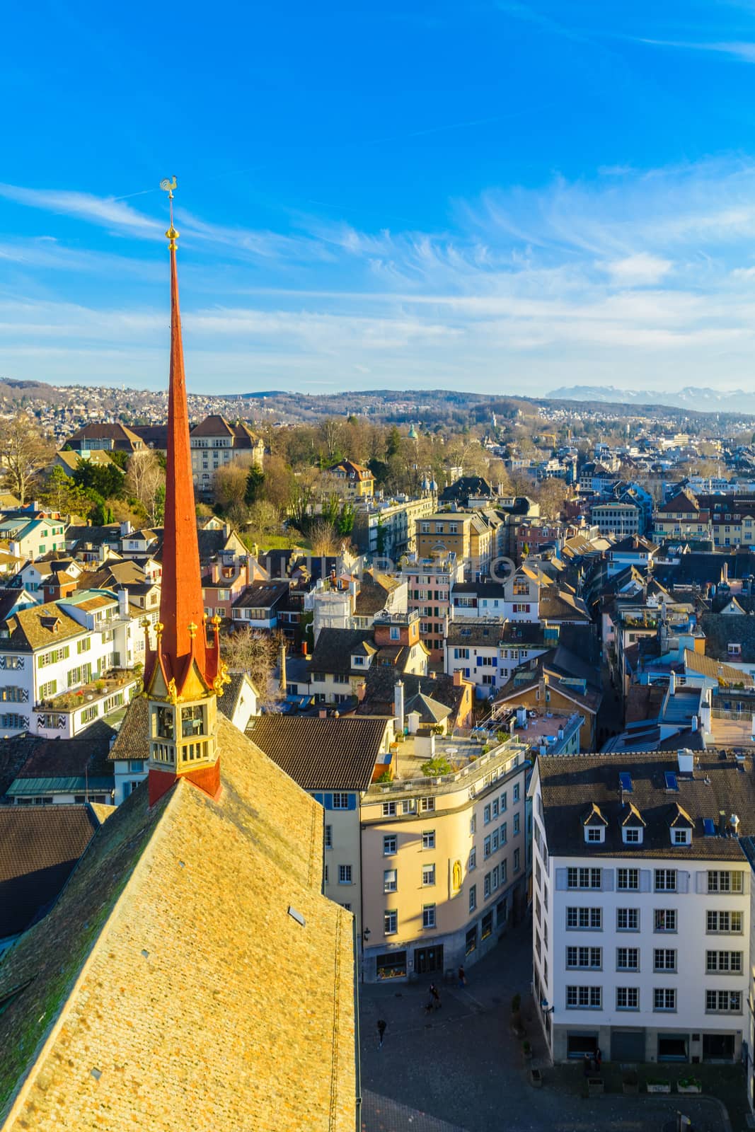 An aerial view of the Old Town (Altstadt) of Zurich, Switzerland
