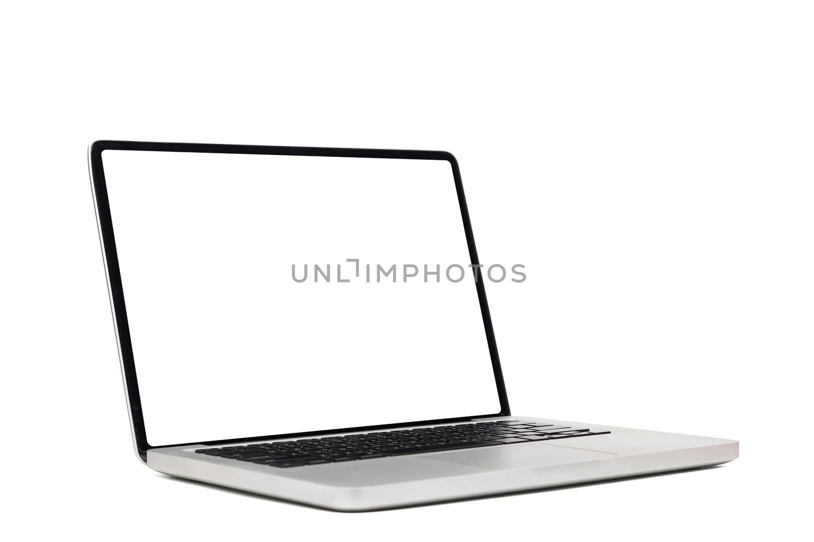 laptop computer mock up with empty blank white screen isolated on white background with clipping path, side view. modern computer technology concept