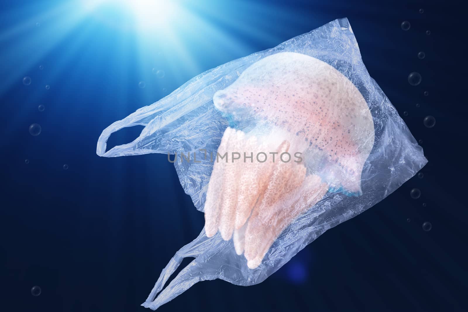 plastic pollution in ocean environmental problem concept.  jellyfish swim inside plastic bag floating in the ocean by asiandelight