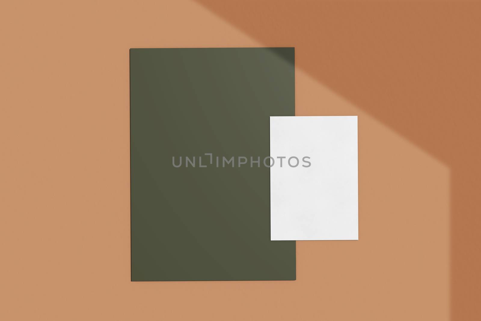 Branding identity mockup of blank business card and paper natural lighting overlay shadows, minimal layout style