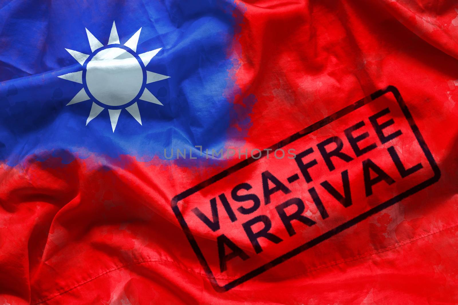 free visa for visitor to entry to Taiwan country, visa free arrival stamp on Taiwan flag background. oversea travel in visa free arrival country concept by asiandelight