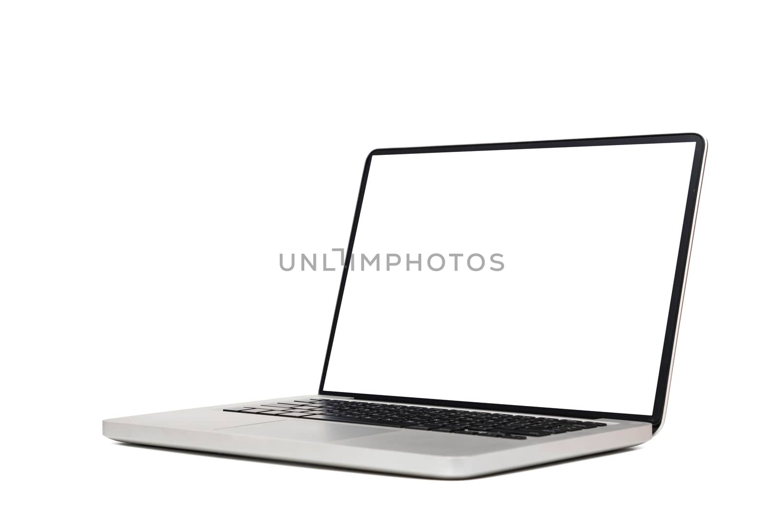 laptop computer mock up with empty blank white screen isolated on white background with clipping path, side view. modern computer technology concept by asiandelight