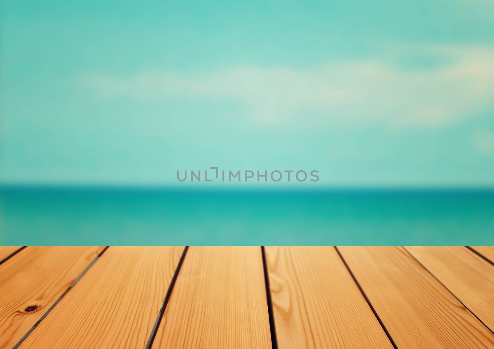 Empty wooden deck table over sea background, Summer concept