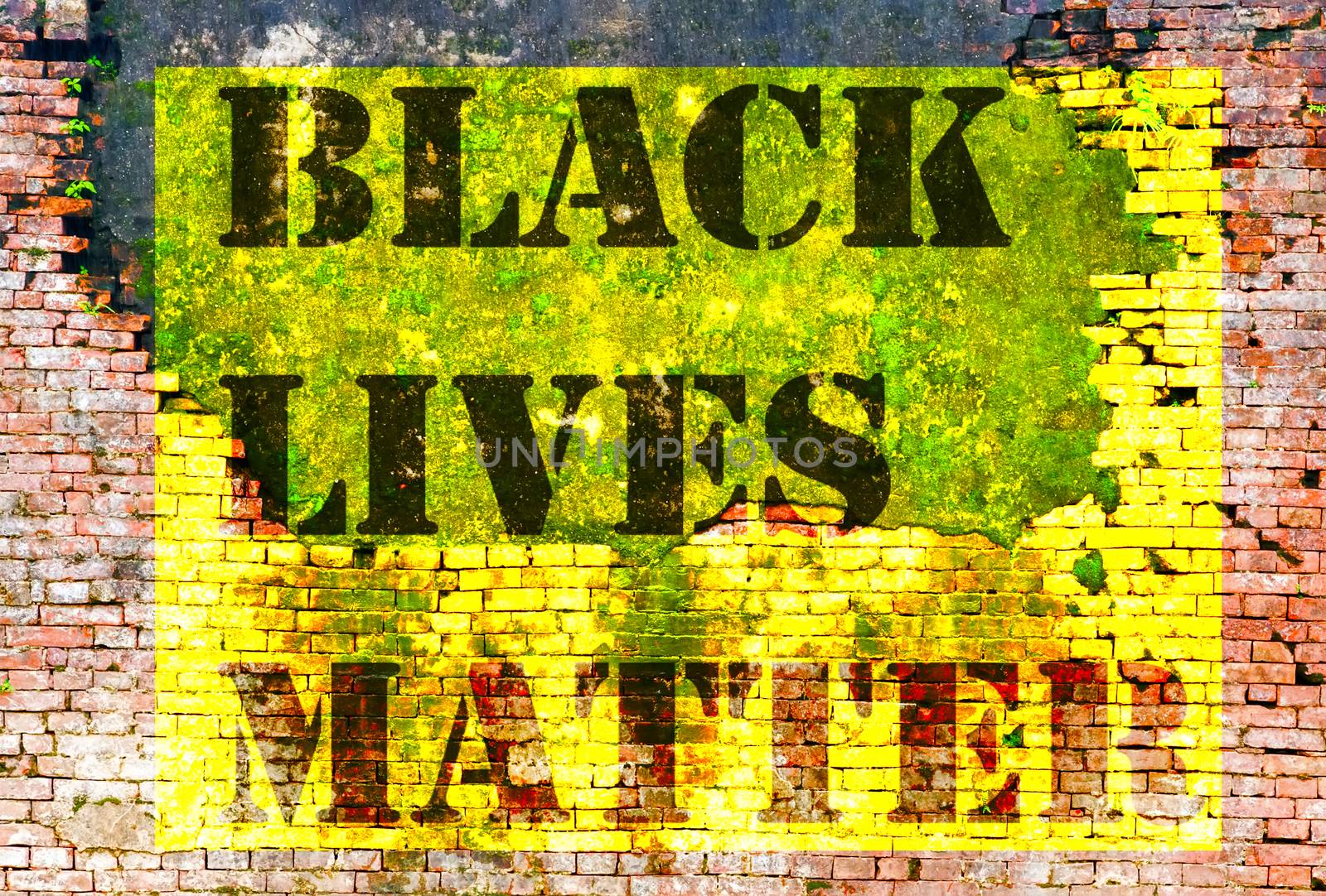 Black Lives Matter slogan protestors anti Black racism african American yellow stencil pattern wall cracked texture