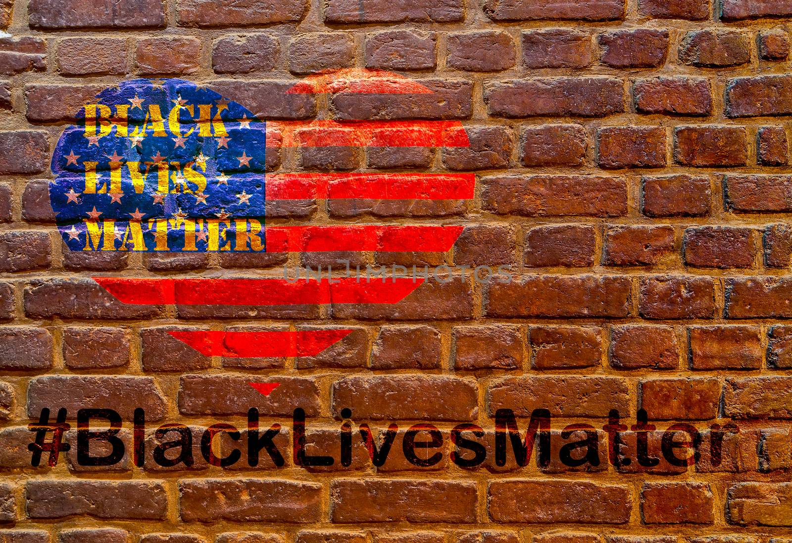 Black Lives Matter hashtag slogan anti Black racism African-American people stencil heart on American flag brick wall background texture stone
