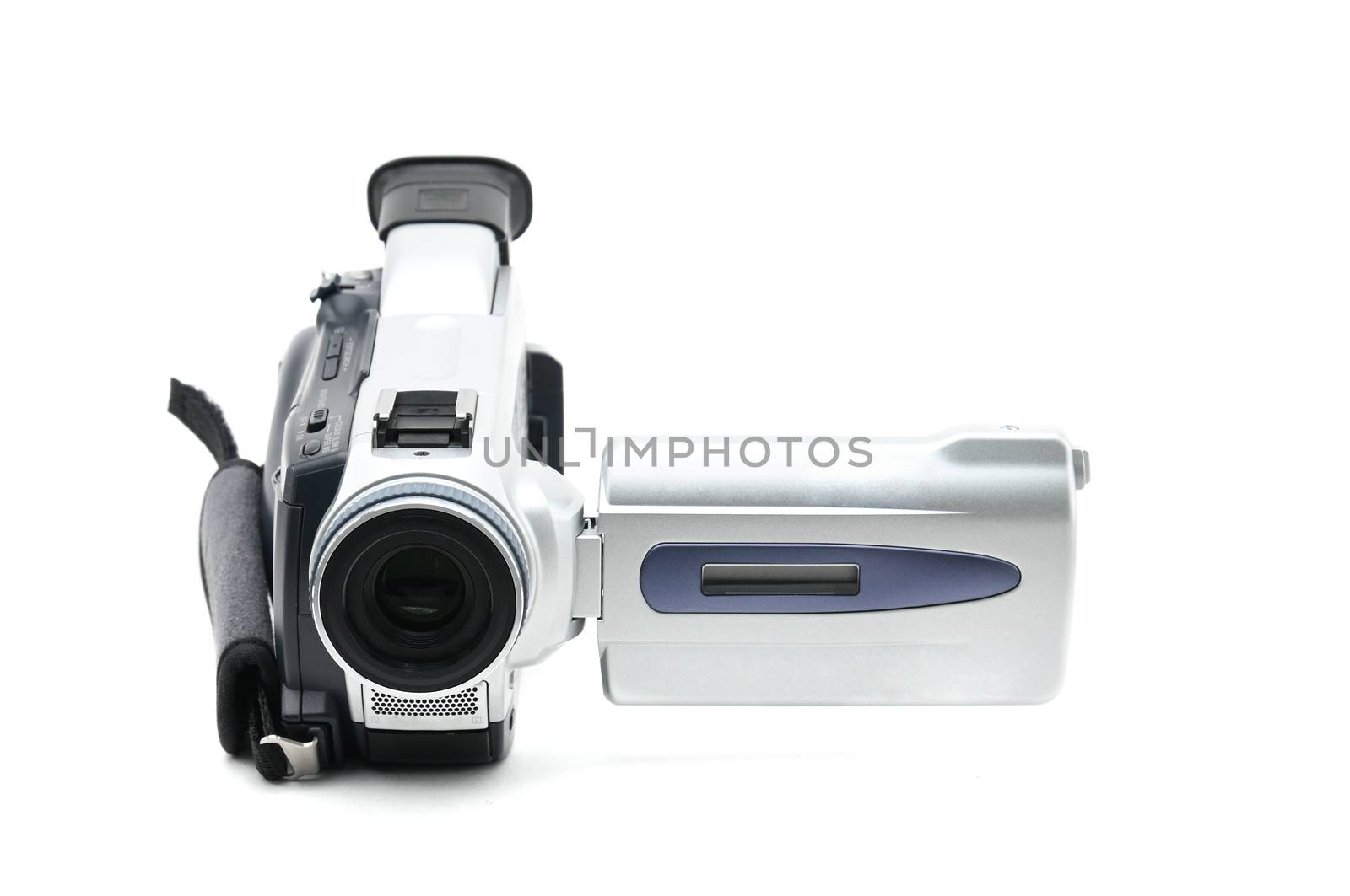 Semi-professional video camcorder used for shooting video clips on Isolated white background