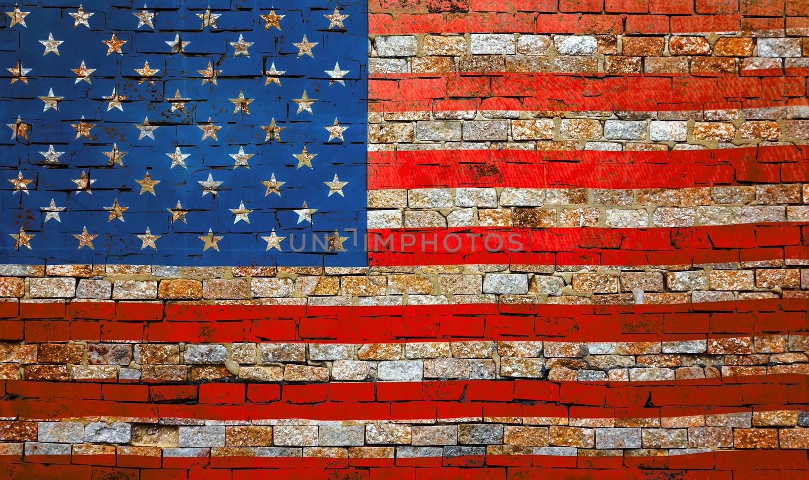 Flag of the United States of America USA facade texture of stained old brick wall background, grungy rusty blocks of stone-work colorful horizontal architecture
