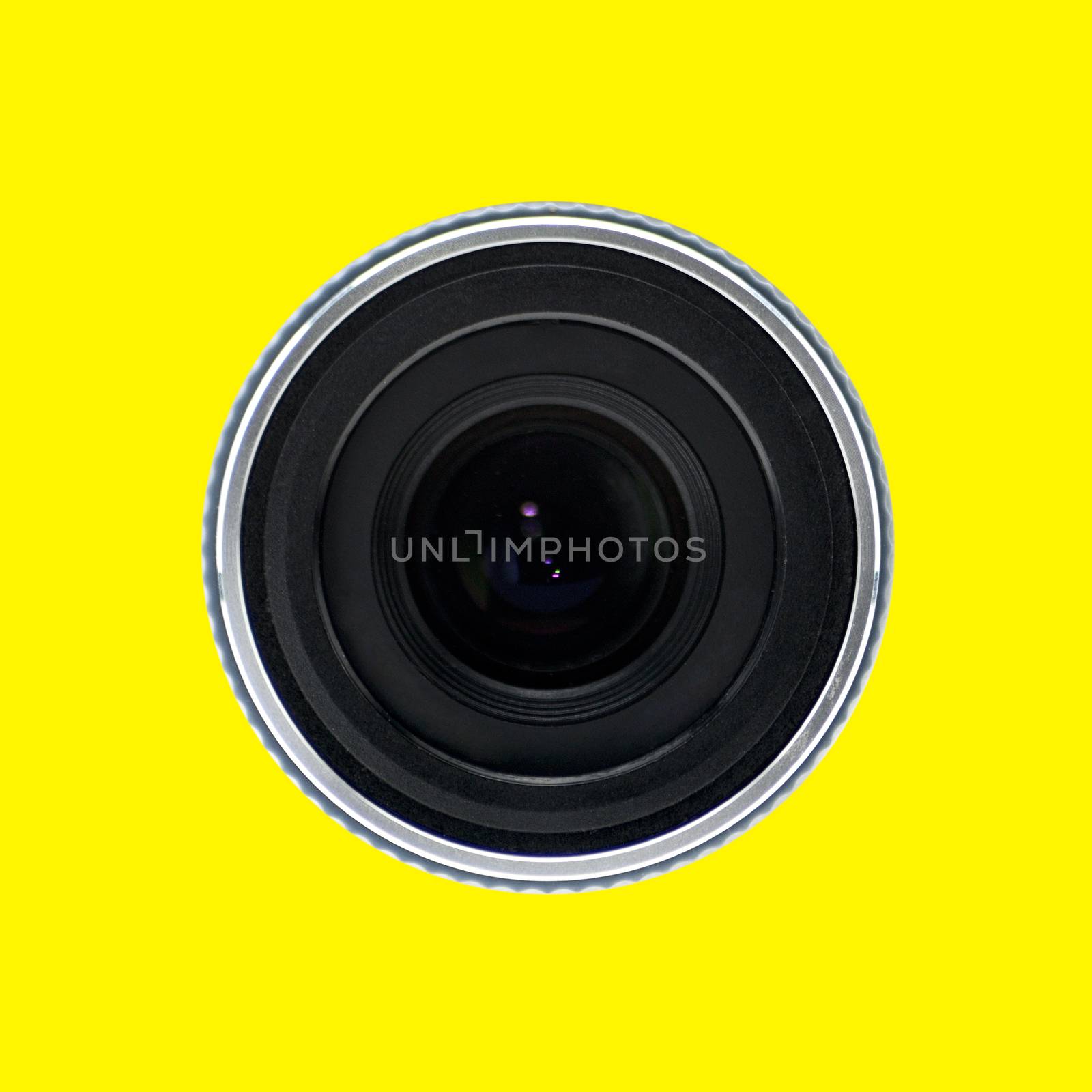 Lens of a semi-professional video camcorder used for shooting video clips on Isolated white background