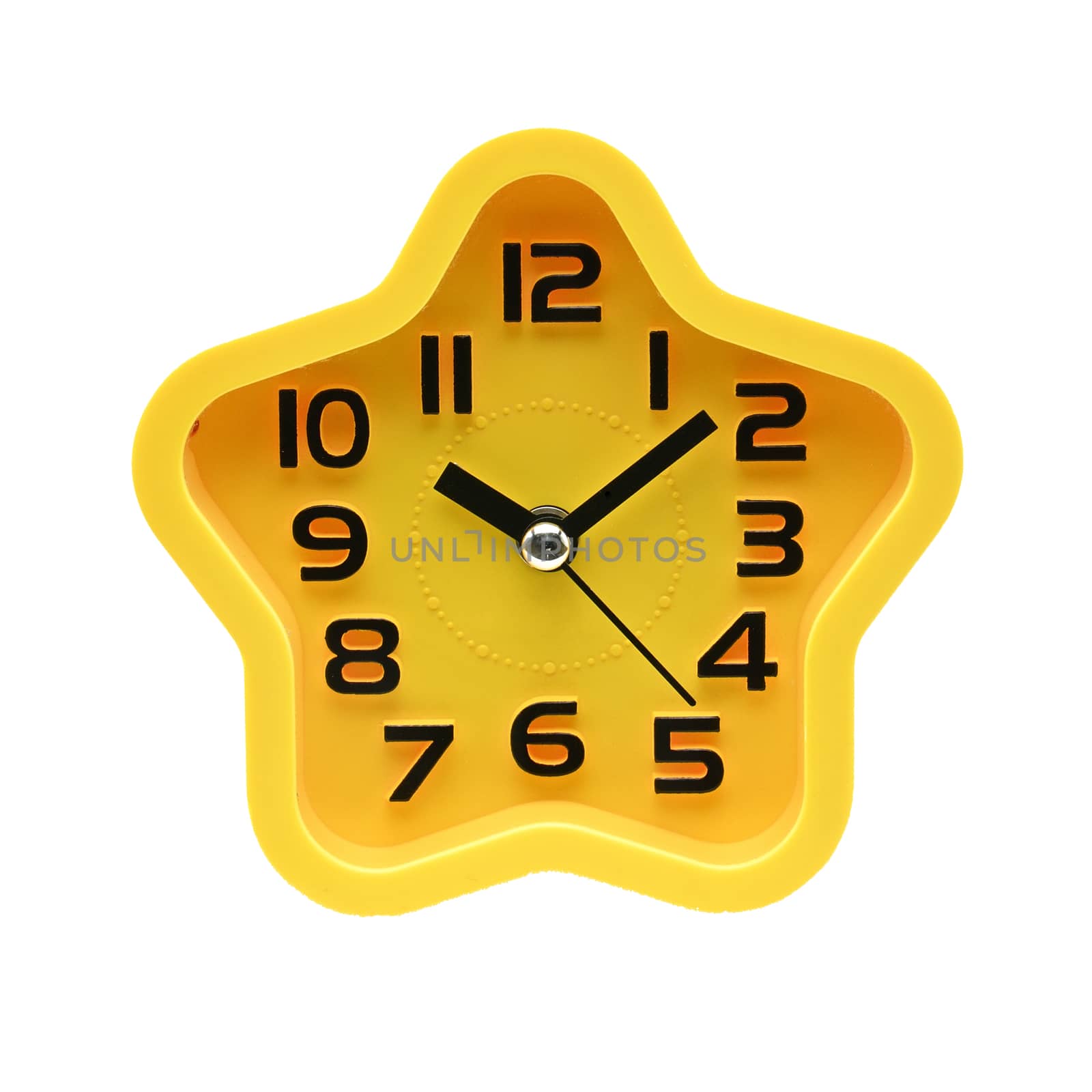 Yellow watch with five petals. Alarm clock on a white background