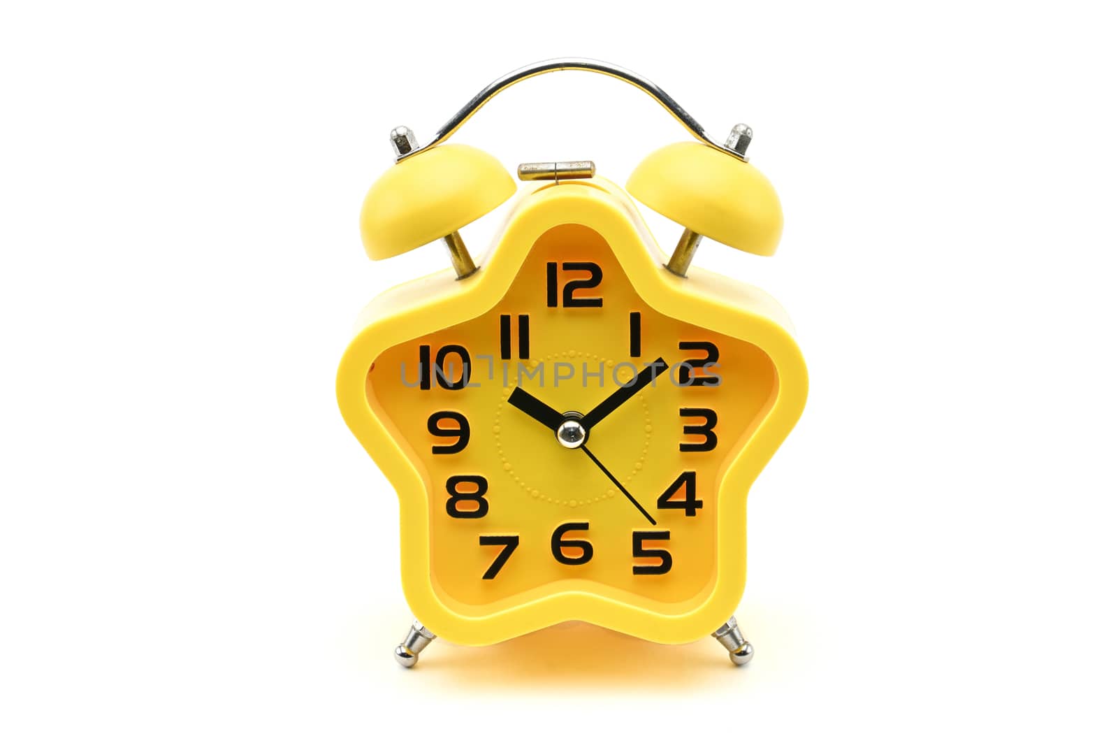 Yellow watch with five petals. Alarm clock on a white background